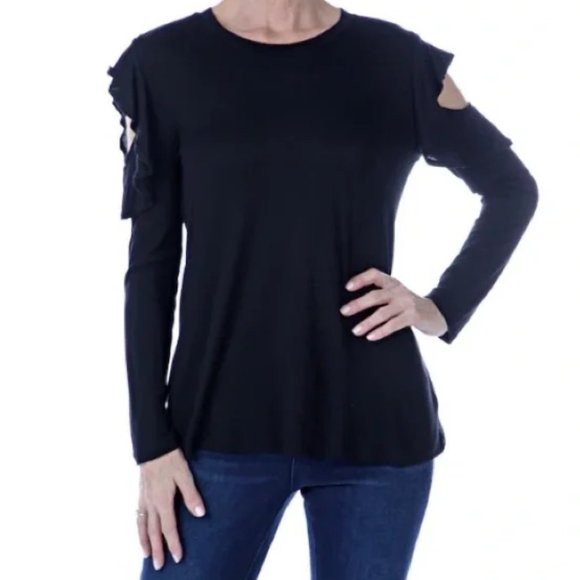 DG2 Diane Gilman Cold-Shoulder Ruffle Top - Picture 1 of 5
